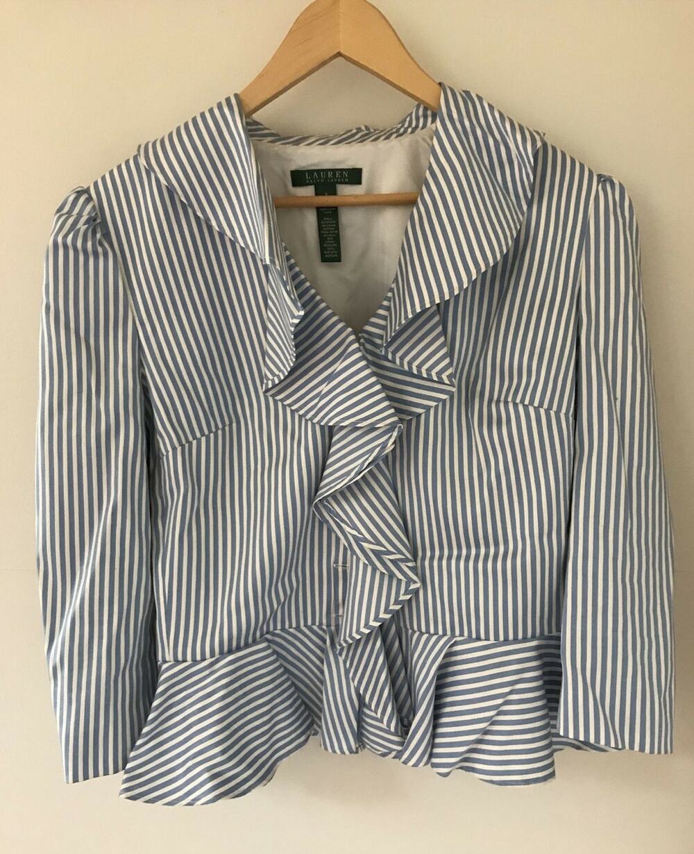 Ralph Lauren Pima Cotton Silk Blue White Stripe Ruffled Blazer Jacket 8 37"